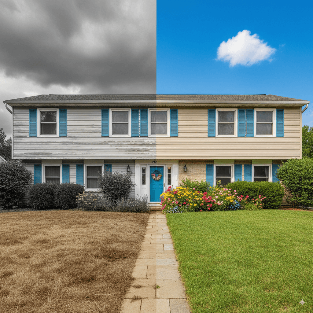 Imagen de una casa con el jardín mejorado virtualmente